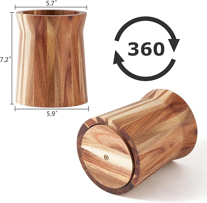 Wooden Utensil Holder for Countertop, 360° Rotating Kitchen Utensil Holder, 7.2"x 6" Large Acacia Wood Crock, Farmhouse Kitchen Decor