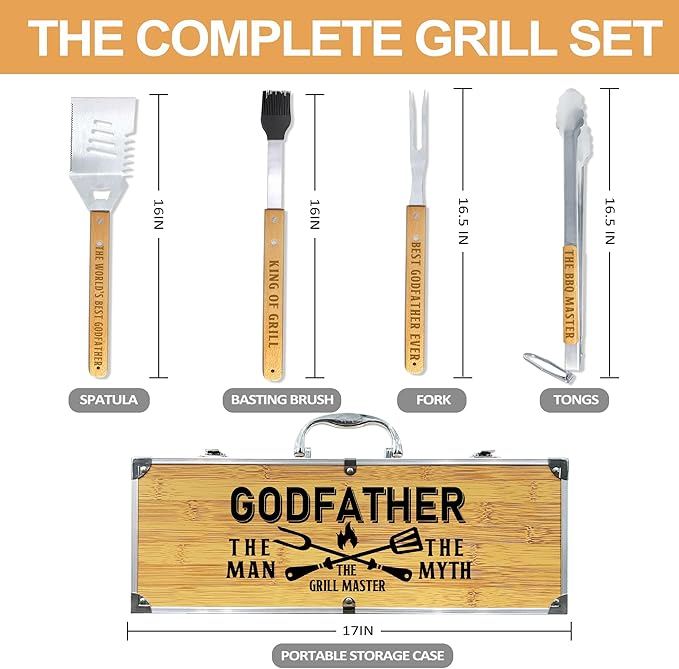 Godfather Gift, Fathers Day for Godfather Heavy Duty Wooden BBQ Grilling Accessories Kit for Backyard, Thick Stainless Steel Grill Utensils with Non-Slip Handle Tools in Portable Bag Birthday