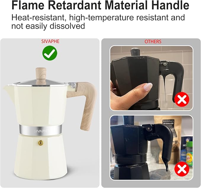 Sivaphe Aluminum Moka Pot 3 Espresso Cups, Percolator Espresso and Coffee Maker, Portable Stovetop Italian and Cuban Café Brewer for Home and Camping White