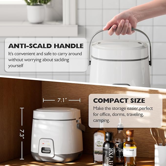 TLOG Mini Rice Cooker 2-Cup Uncooked(4-Cup cooked), Healthy Non-stick Coating 1.2L Small Rice Maker for 1-3 People, Portable Travel Fast Cooker with Steam Tray, Rice Maker for Grains, White Rice, Oatmeal, Veggies