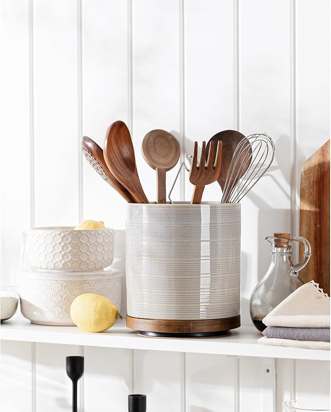 Utensil Holder, 360° Rotating Extra Large Ceramic Kitchen Utensil Holder for Countertop, 7.3“ Cooking Utensil Crocks for Kitchen Counter with Rotatable Wooden Base, Farmhouse Decor, Grey