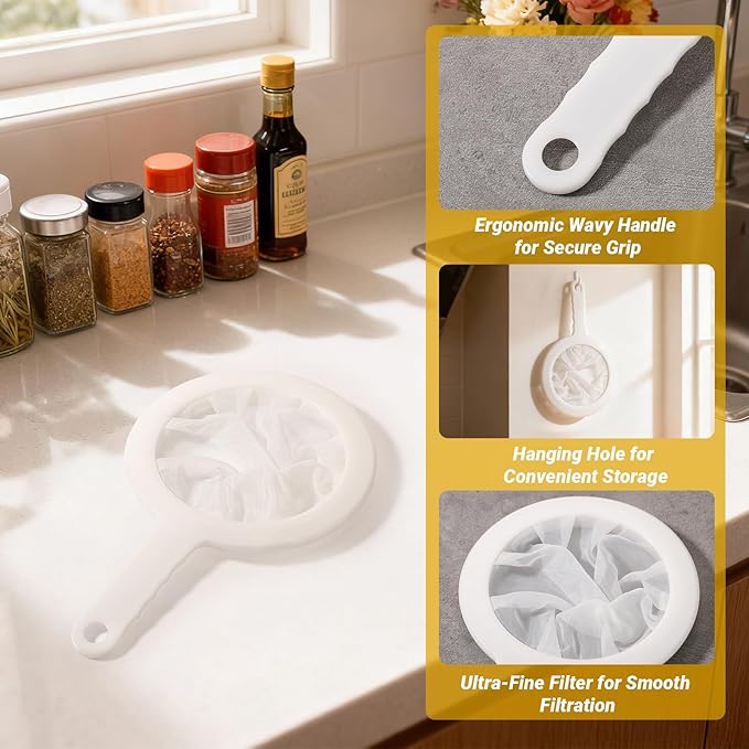 Fine Mesh Strainer with Handle, 80/120 Mesh, 2 Pack, Plastic Fine Strainer for Liquids, Small Colander for Kitchen, Nylon Sieve for Nut Milk, Yogurt, Juice, Coffee, Honey, Tea Leaf Filter