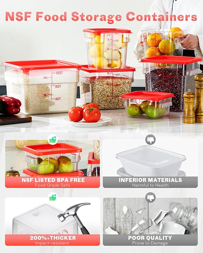 6QT Clear Food Storage Containers: 8 PCS[Food Grade][Hot&Cold Resistant] NSF Food Storage Containers with Lids for Home Restaurant Kitchen Storage Pizza Proof Dough, BPA Free (N5)