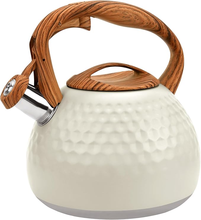 GGC Tea Kettle for Stove Top, Loud Whistling Kettle for Boiling Water Coffee or Milk, 3.1 Quart 3L Heavy Stainless Steel White Kettles with Wood Pattern Handle, Unique Button Control Kettle Outle