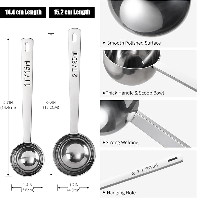 18/8 Stainless Steel Coffee Scoops, Doosu Food-Grade Metal Measuring Spoon with 4.3in Long Handle, Tablespoon Scooper for Coffee Beans, Ground Coffee, Protein Powders, Tea, Sugar (1 & 2 Tbsp)