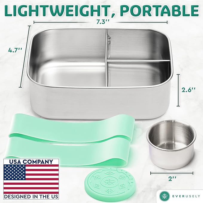 Everusely - Bento Box - Green, 37oz / 1.1 L - Stainless Steel Lunch Box with Leakproof Condiment Container - 3 Compartment Snack Organizer for On the Go Meals - Freezer & Dishwasher Safe