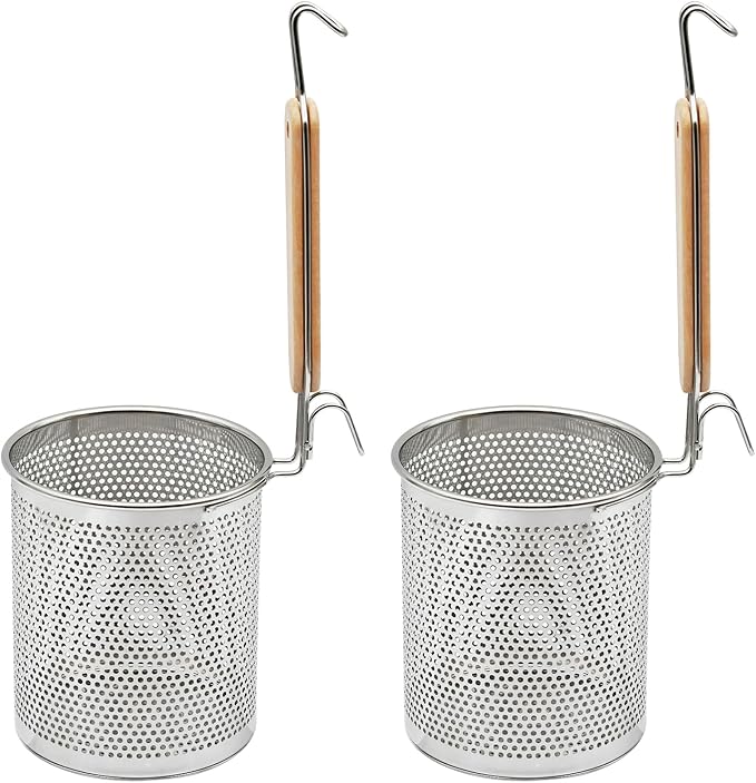 Stainless Steel Pasta Strainer, 2pcs Micro-Perforated Food Dumpling Noodle Strainer with Wood Handle Straining Noodles Pasta Baskets