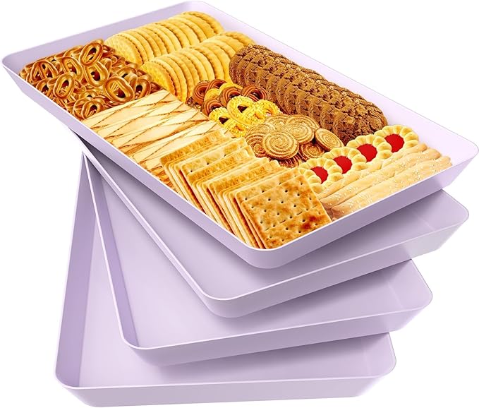 WOWBOX 4 pcs Serving Tray for Entertaining, Serving Platters for Snacks, Fruit, Cookies, Dessert, Reusable Plastic Trays for Serving Food and Pantry Organization in Kitchen & for Parties, (Purple)