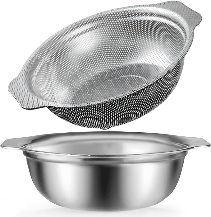 Stainless Steel Colander, 4.5QT Large Capacity with Mixing Bowl, Rice Washing Bowl with Strainer for Washing Vegetables, Fruit, Spaghetti, Pasta Strainer, Dishwasher Safe(2PC)