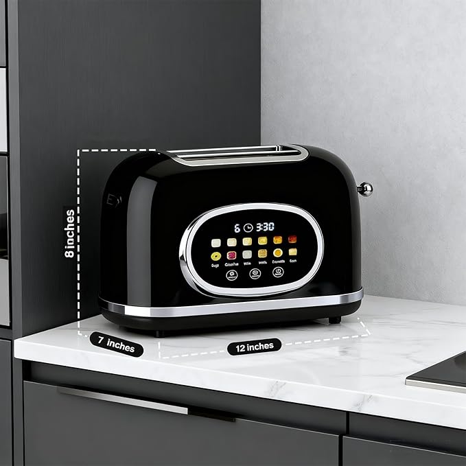 Roter Mond 2 Slice Toaster Smart Touch Screen, Retro Stainless Steel Bread Toaster with Digital Timer, Sleep Mode, Bagel, Cancel, and Defrost Functions, 6 Bread Types and Shade Settings, Black