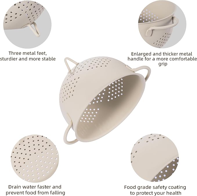 Metal Colander 5 Quart Powder Coated Self-draining Metal Strainer with Base,Kitchen Pasta Fruit Vegetable Basket with Double Handles (Sand Yellow)