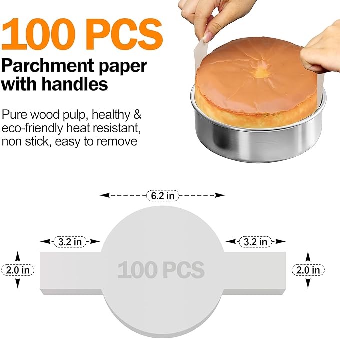 6 Inch Cake Pans Set of 3 with 100 Pieces Parchment Paper, Stainless Steel Baking Pan For Layered Cakes, Smash Cake Pans Mirror Finish Dishwasher Safe Small Cake Pan Set Cake Mold