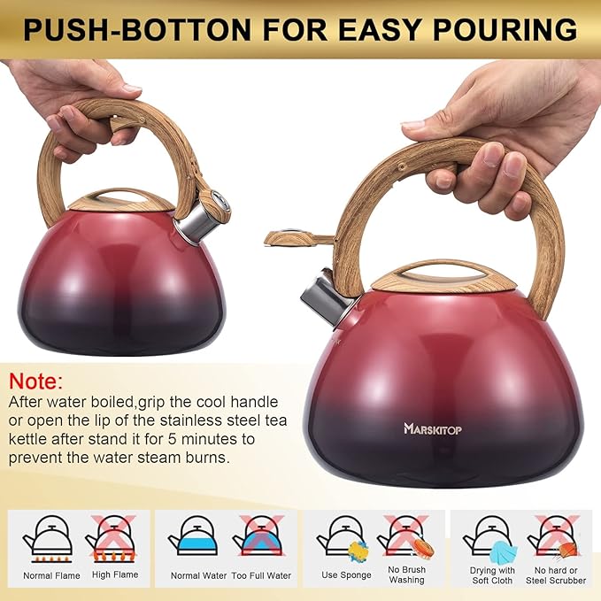 MARSKITOP Whistling Tea Kettle for Stove Top, Food Grade Stainless Steel Tea Kettle Teapot for Stovetop with Anti-Hot Ergonomic Handle, 2.6 Quart, Red