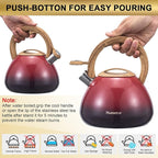 MARSKITOP Whistling Tea Kettle for Stove Top, Food Grade Stainless Steel Tea Kettle Teapot for Stovetop with Anti-Hot Ergonomic Handle, 2.6 Quart, Red