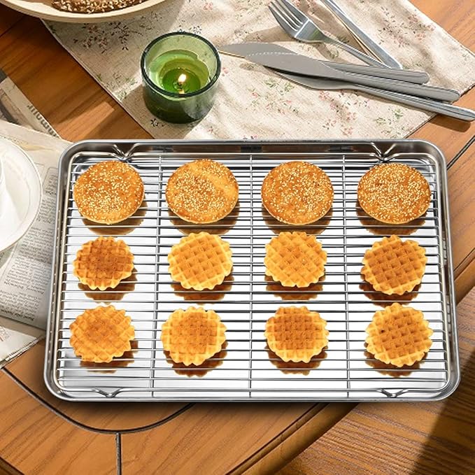 Wildone Baking Sheet & Rack Set [2 Sheets + 2 Racks], Stainless Steel Cookie Pan with Cooling Rack, Size 16 x 12 x 1 Inch, Non Toxic & Heavy Duty & Easy Clean
