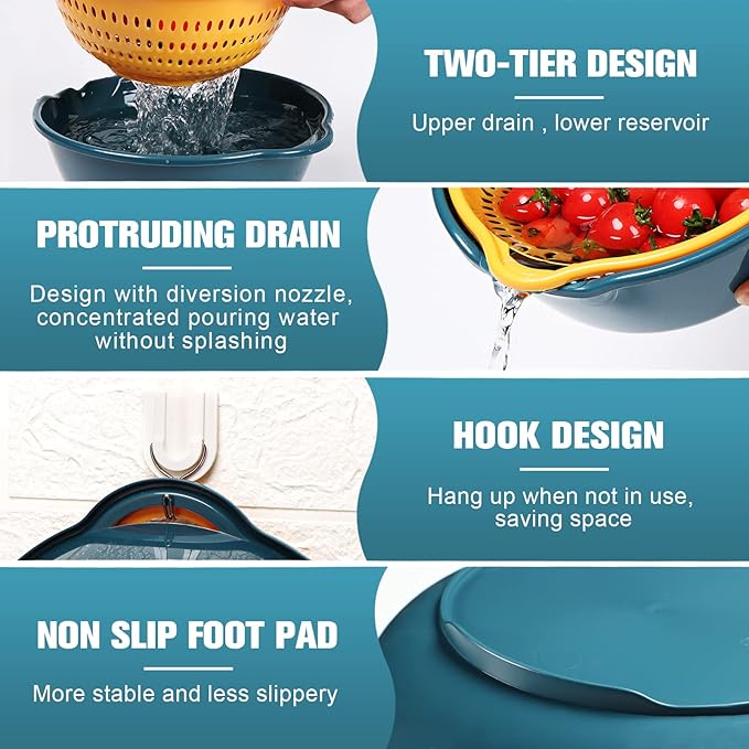 6 Pieces Colander with bowl, Food Strainer for Pasta Veggies and Fruits, BPA Free, Dishwasher Safe (blue)