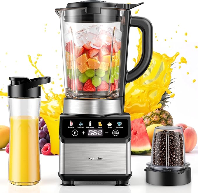 Blenders for Kitchen, Countertop Smoothie Blender with 51oz Glass Pitcher, Grinder & To-Go Cup Combo, 10 Speeds Digital Touchscreen Blender for Smoothies, Shake, Crush Ice, Dishwasher Safe