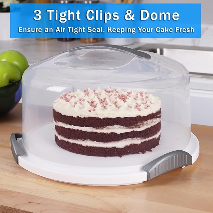 Extra Large Cake Carrier/Storage Container With Server - Holds up to 12 Inch 3-Layer Cake, Plate With Lid/Holder With Lid/Cover Clear Dome - Transports Pies or Other Desserts