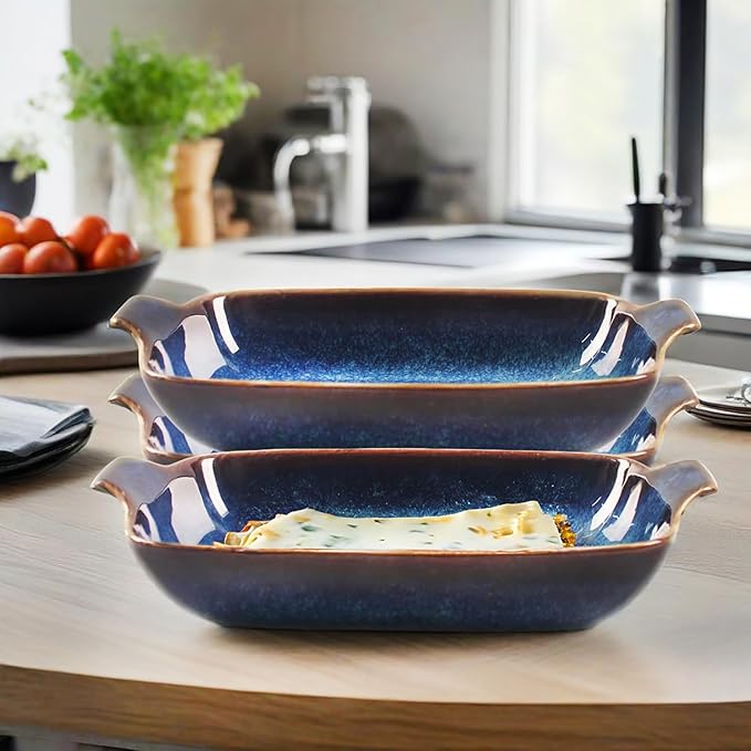 Ceramics Au Gratin baking Dishes Set of 2, Baking Tray Bake ware, 14.4oz Ramekins, for Pie Pan, Appetizer, Tart, Dessert, Quiche, Oven Small dish, individual dishes, Rectangular 9.8 Inch