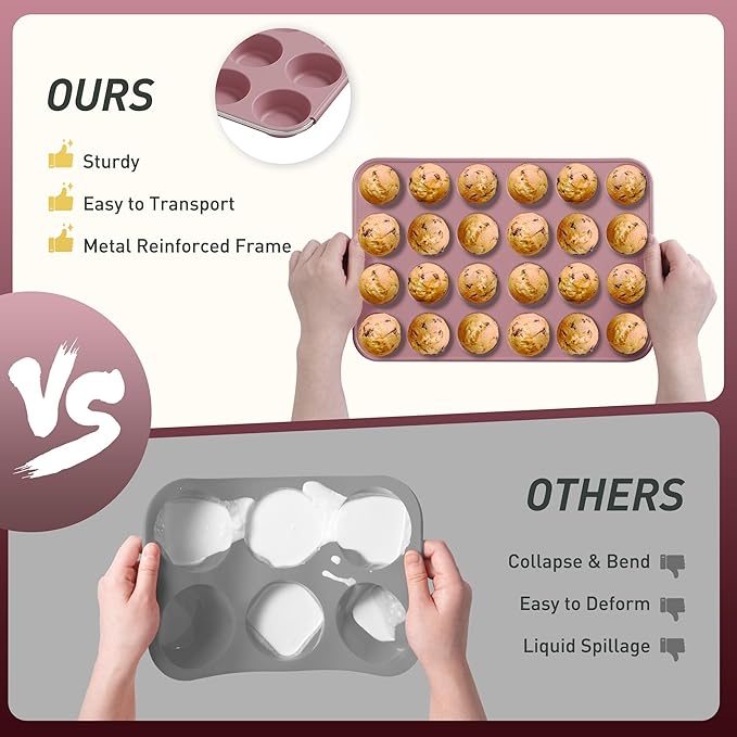2 Pack 24 Cups Mini Muffin Pan with Metal Reinforced Frame Silicone Molds Cake Pans Egg Bites Silicone Circle Cookie Molds Muffin Tin Tart Pans Non Stick Toxic Oven Safe Baking Sheet Set