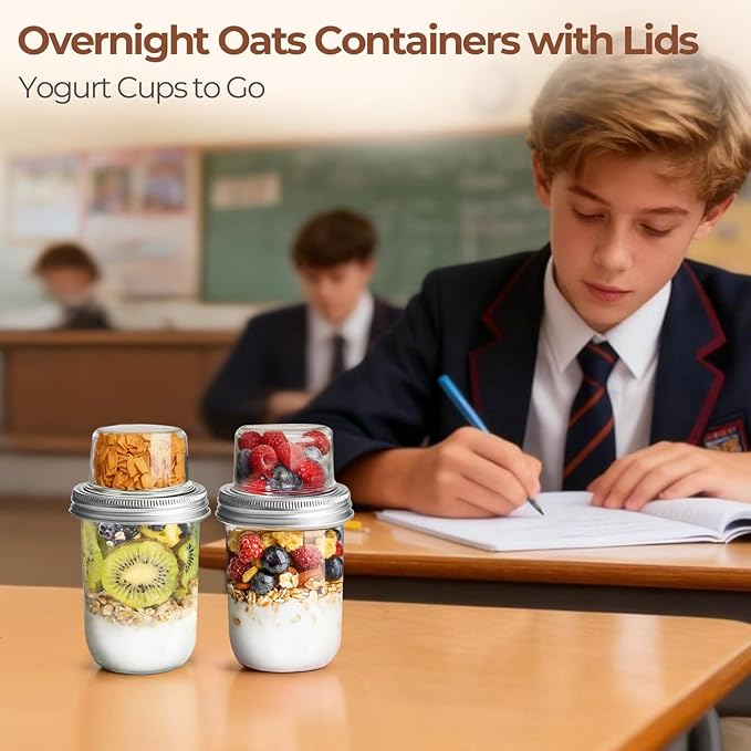 ComSaf Overnight Oats Containers with Lids (16OZ+4OZ, 2PCS) On-The-Go Dual-Laryer Yogurt Parfait Cups with Dry and Wet Separation Mason Jars for Chia Pudding Cereal Nut Fruit Meal Prep Salad