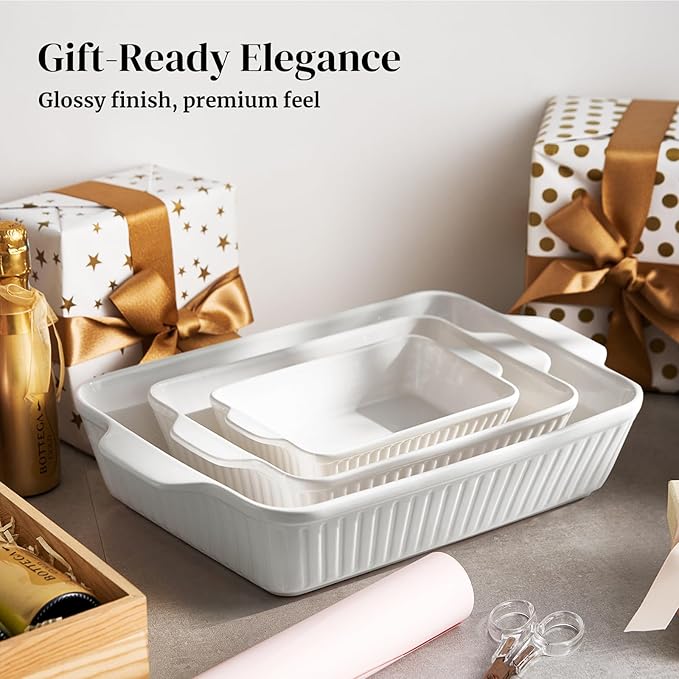 DOWAN Casserole Dishes for Oven, Baking Dishes Set, Ceramic Bakeware Sets of 3, Lasagna Pan Deep, Rectangular Baking Pan Set with Handles for Baking, Casserole, Kitchen, Wedding Gift, Soft White (15.6''/12.2''/8.9'')