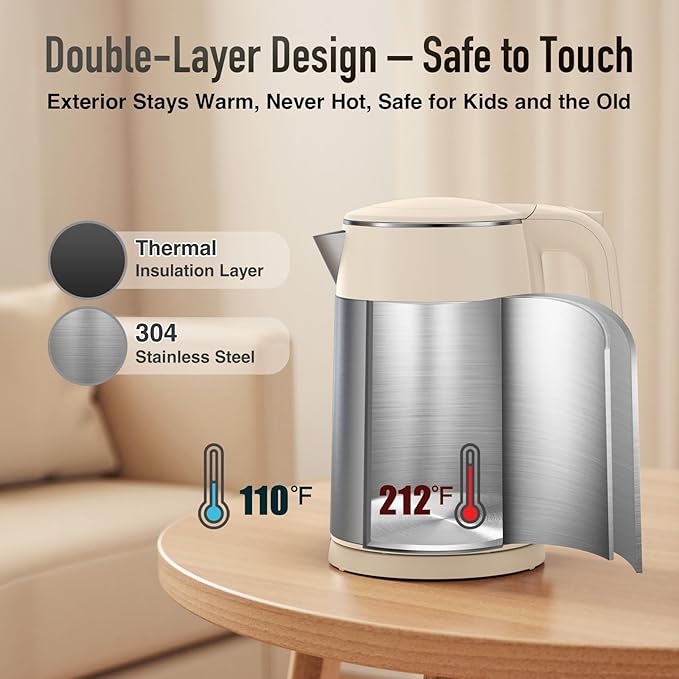 Mecity Electric Kettle 1.7L Touch Screen Temperature Control Water Boiler, No Plastic Contact with Water. 6 Presets For Tea and Coffee, 2 Hours Keep Warm, Auto Shut Off, Cream & Stainless Steel Color