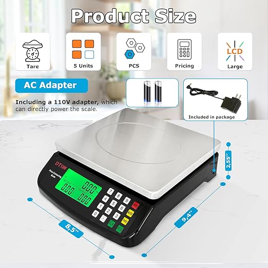 Large Digital Kitchen Scale 40kg/88lb Stainless Steel Price Computing Scale Counting Scale Deli Scale with LCD Display for Baking Bread Cooking Meat Prep Parts and Coins Adapter Included (Black)
