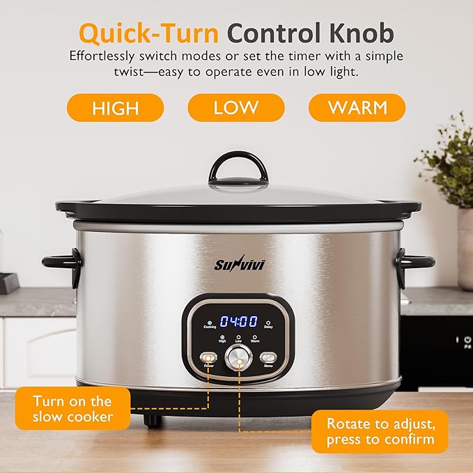Sunvivi Slow cooker Pot 8.5 QT Programmable Stainless Steel Color : Multi-Cooker Food Warmer with Delay Function, Adjustable Tempature Control, Dishwasher Safe, Perfect for Families, Sliver
