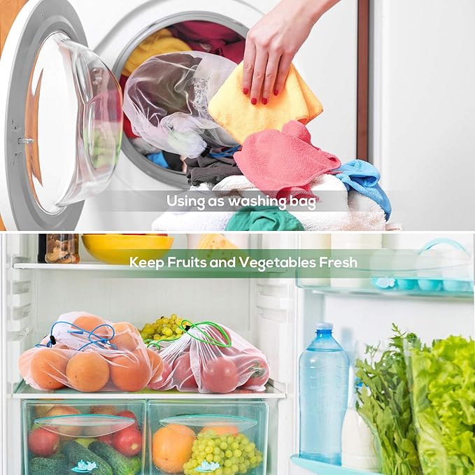 SPLF 12 Pcs Heavy Duty Reusable Mesh Produce Bags, Barcode Scanable See Through Food Safe Mesh Bags with Drawstring for Fruits, Vegetable, Food, Toys, Grocery Storage, Large Medium Small