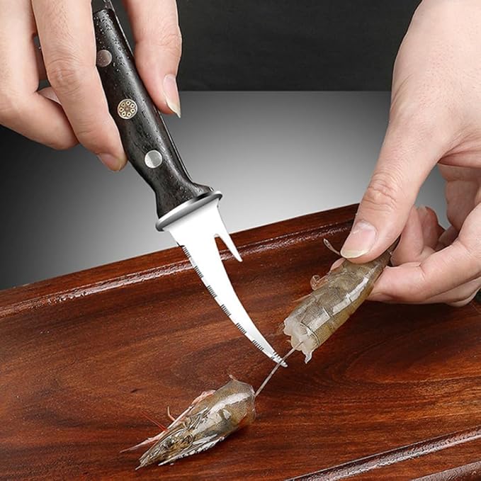 Ipetboom Shrimp Line Cutter and Peeler with Wood Handle and Rivets, Seafood Cleaning Tool for Deveining and Shelling Shrimp, Kitchen Specialty Gadget for Home Cooking and Seafood