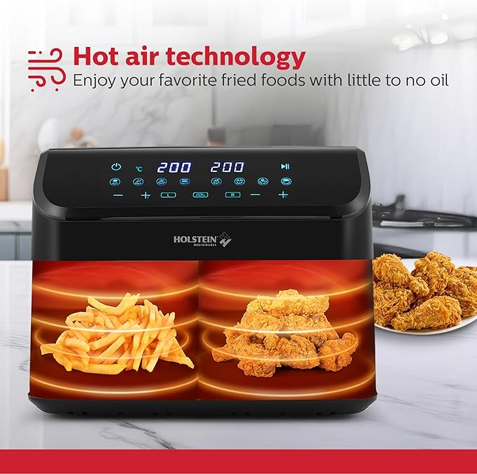 Holstein Housewares 9.5 QT Dual Basket Digital Air Fryer, Independent Controls - Non-Stick, Healthy Cooking with Less Oil, 8 Presets, Fry, Roast, Bake & Grill, LED Display & Dishwasher-Safe Parts