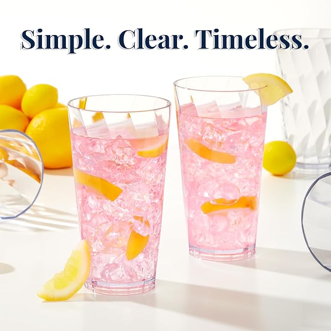 US Acrylic Optix Plastic Reusable Drinking Glasses (Set of 8) 20oz Water Cups in Clear | BPA-Free Tumblers, Made in USA | Top-Rack Dishwasher Safe