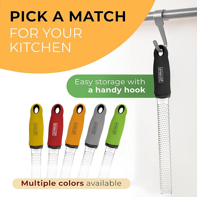 Orblue Lemon Zester & Cheese Grater - Premium Citrus Zester, Kitchen Grater for Parmesan, Chocolate, Fruits, Vegetables, Ginger, Garlic, Nutmeg - Stainless Steel Blades with Protective Cover, Black