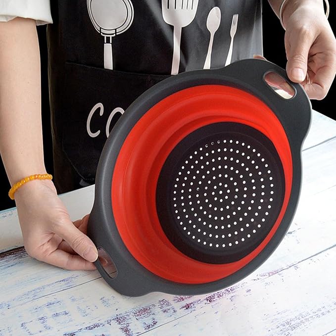 Collapsible Colander, Set of 2 Pcs Collapsible Strainer, Space-Saving Kitchen, Food-Grade Silicone Folding Strainer Colander with Handle, Red