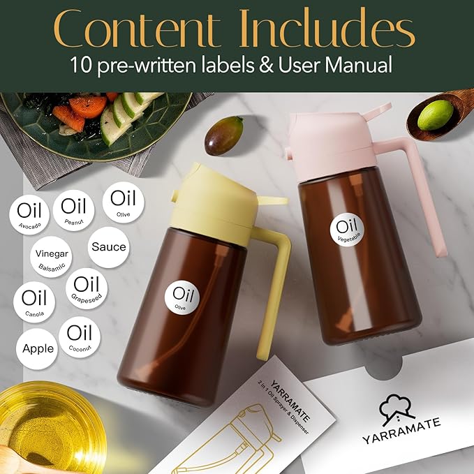 YARRAMATE 16oz/470ml Light Blocking Oil Sprayer for Cooking with Stickers, Food-Grade 2 in 1 Olive Oil Dispenser Bottle for Kitchen, Premium Dark Amber Glass Oil Bottle for Air Fryer, BBQ (Pomelo)