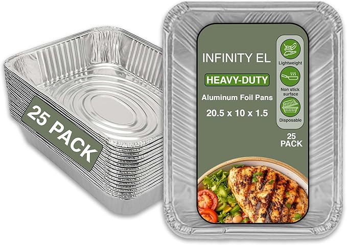 INFINITY EL Disposable Aluminum Foil Pans 25 Pack | Half Shallow 12.5" x 10" x 1.5" Deep Disposable Baking Pan | Heavy Duty Aluminum Pan for Roasting Turkey, Lasagna, Thanksgiving, Christmas & Parties