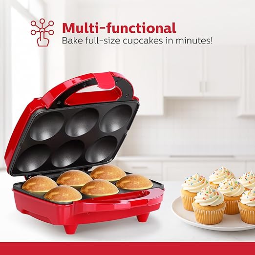 Holstein Housewares Non-Stick 6-Count Electric Cupcake Maker Machine – Bakes 6 Cupcakes, Muffins, Pizza Cups, Cinnamon Buns – Perfect for Gifts, Birthdays, Holidays, or Bake Sales, Red