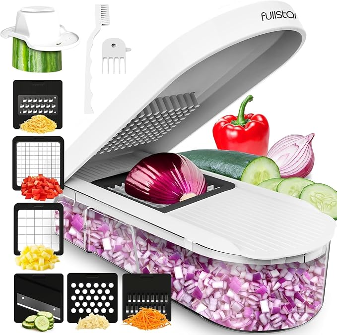 Fullstar Mandoline Slicer for Kitchen - Vegetable Chopper, Onion Potato Food Veggie Fruit Slicer and Cutter with Container, Kitchen Gadgets & Accessories, Home Essentials (6-in-1, Full White)