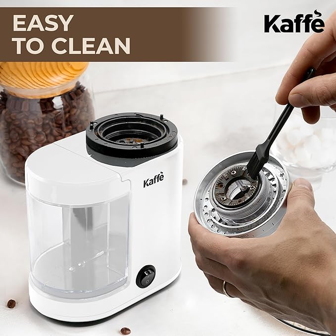 Kaffe Electric Burr Coffee Grinder (5.5oz) w/Adjustable Coarseness Settings - Flat Burr - [New Upgraded Motor ] - Precision Coffee Bean Grinder for Home Use - White