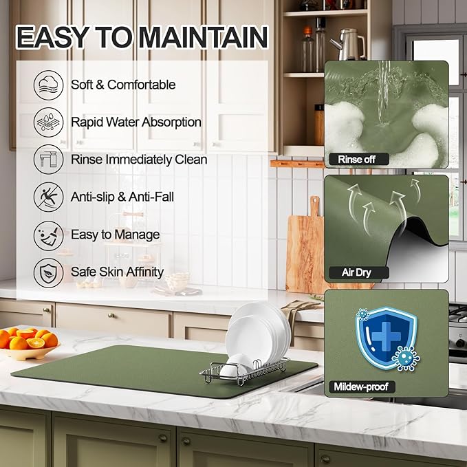 Ecotrim - Dish Drying Mat for Kitchen Counter | Coffee Bar Mat for Countertops | Heat Resistant Drainer Mat with Non-slip Rubber Backed | Hide Stain Kitchen Absorbent Draining Mat | Green 18"x32"