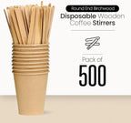 Coffee Stirrers Disposable Wooden Coffee Stir Sticks - Round-End Birchwood 5.5 Inches Large Wooden Stir Sticks - Pack of 500 Wood Stir Sticks, Coffee Sticks, Stirrers