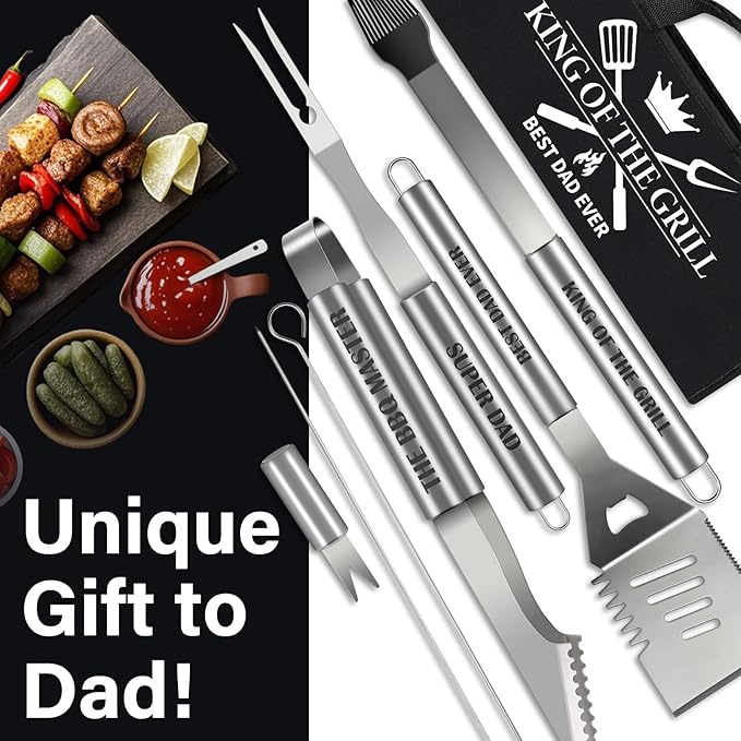 Dad Christmas Gifts from Daughter Son 19Pcs BBQ Grill Tools Set with Apron Portable Bag Heavy Duty Stainless Steel Grilling Utensils Barbecue Accessories Kit for Men Father Papa Birthday Present