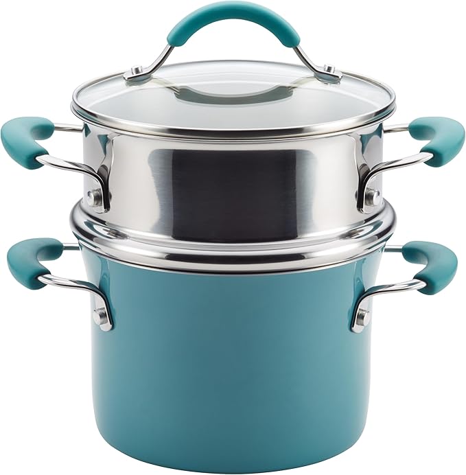 Rachael Ray Cucina Hard Porcelain Enamel Nonstick Multi-Pot / Steamer Set, 3-Quart, Agave Blue - 16799