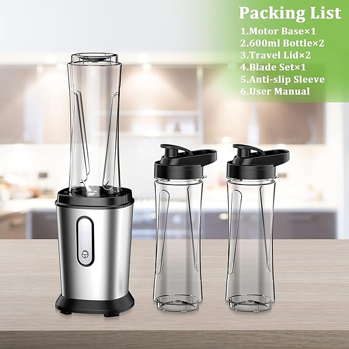 Electric Smoothie Blender, Powerful Small Blender with 2 Portable 20oz Tritan blender Bottles, BPA-Free with 4 Stainless Steel Blades, Mixer Smoothie Maker for Shakes and Smoothies
