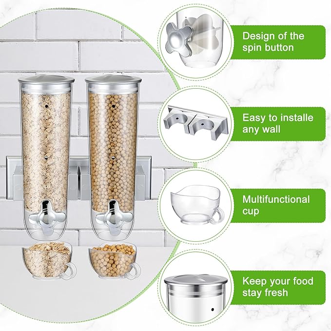 Huwena 4 Sets Cereal Containers Storage,3L Each Set Wall Mounted Cereal Dispenser Dry Food Dispenser Grain Storage Dispenser for Candy Oatmeal Coffee Bean Nuts Food Container (Silver)