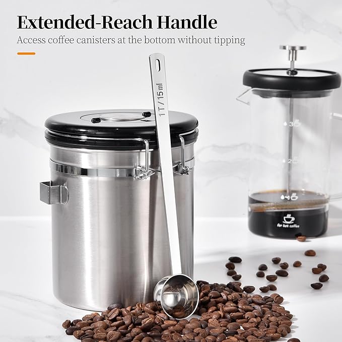 Long Handle Coffee Scoop: 8.3 Inch 18/8 Stainless Steel 1 Tablespoon Metal Measuring Spoon Tbsp Scoop for Coffee Beans, Grounds Coffee, Coffee Powder, Tea, Tall Jars (1Tbsp/15ml)