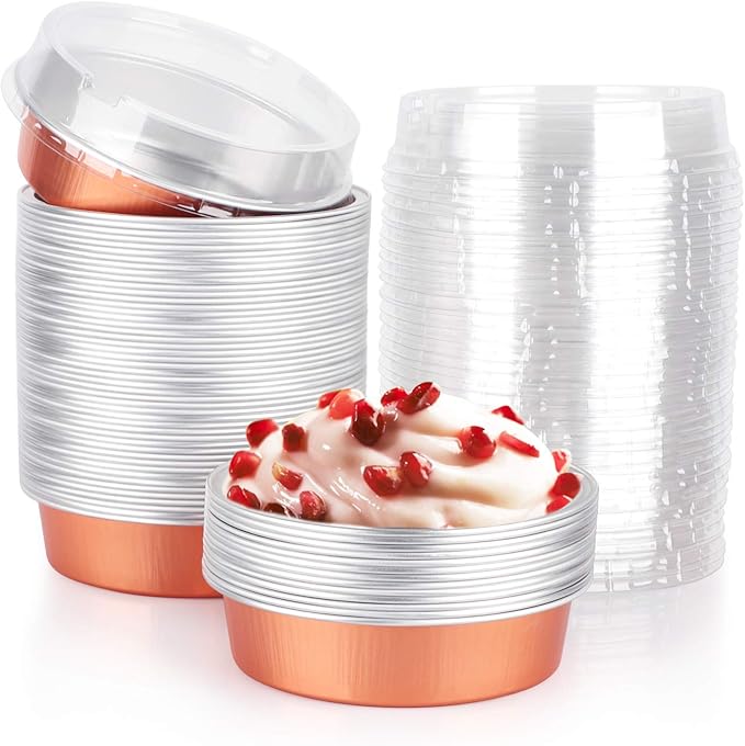 Beasea Mini Tart Pans, 8 Oz 50 Pack Disposable Pie Tins with Lids, 4 Inch Rose Gold Aluminum Pie Pan Cartoon Tin Tart Pans Round Oven Baking Mini Cake Pan for Pie Tart Quiche