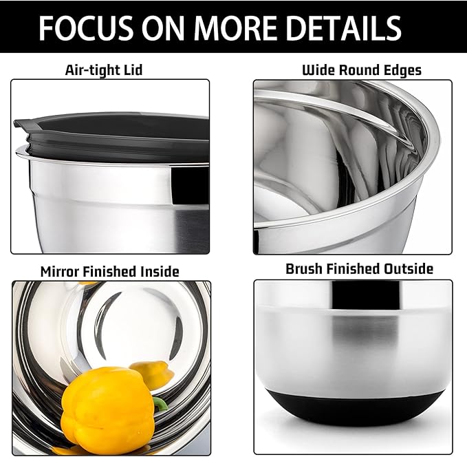 P&P CHEF Mixing Bowls With Lids, Set of 6, Stainless Steel Nesting Mixing Bowls & Fitting Lids & Non-Slip Silicone Bottom, Ideal for Mixing, Storing, Size 0.7/1/1.5/2.5/3/4.6 Qt, Black