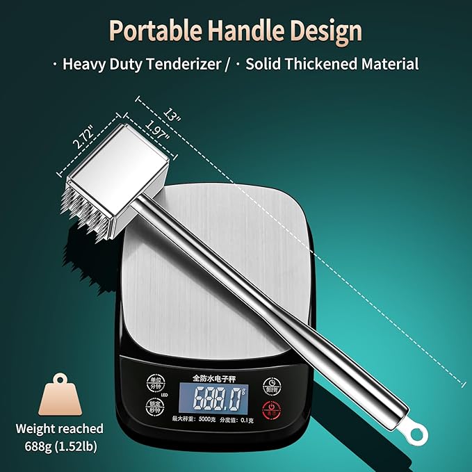 316 Stainless Steel 3in1 Meat Tenderizer Tool, BOMANSI BOMS Heavy Duty 1.52lb Meat Mallet Hammer Pounder Ideal for Tenderizing Steak, Poultry & Chicken Cutlet, Dishwasher Safe